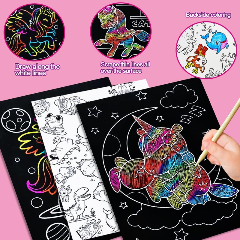 JUNQIU US JUNQIU Scratch Art for Kids, Rainbow Scratch Paper Art Set - Unicorn, Arts and Crafts for Girls Boys Ages 4-8, Kid Activity & Christmas Crafts, Stocking Stuffers for Kids - Image 3
